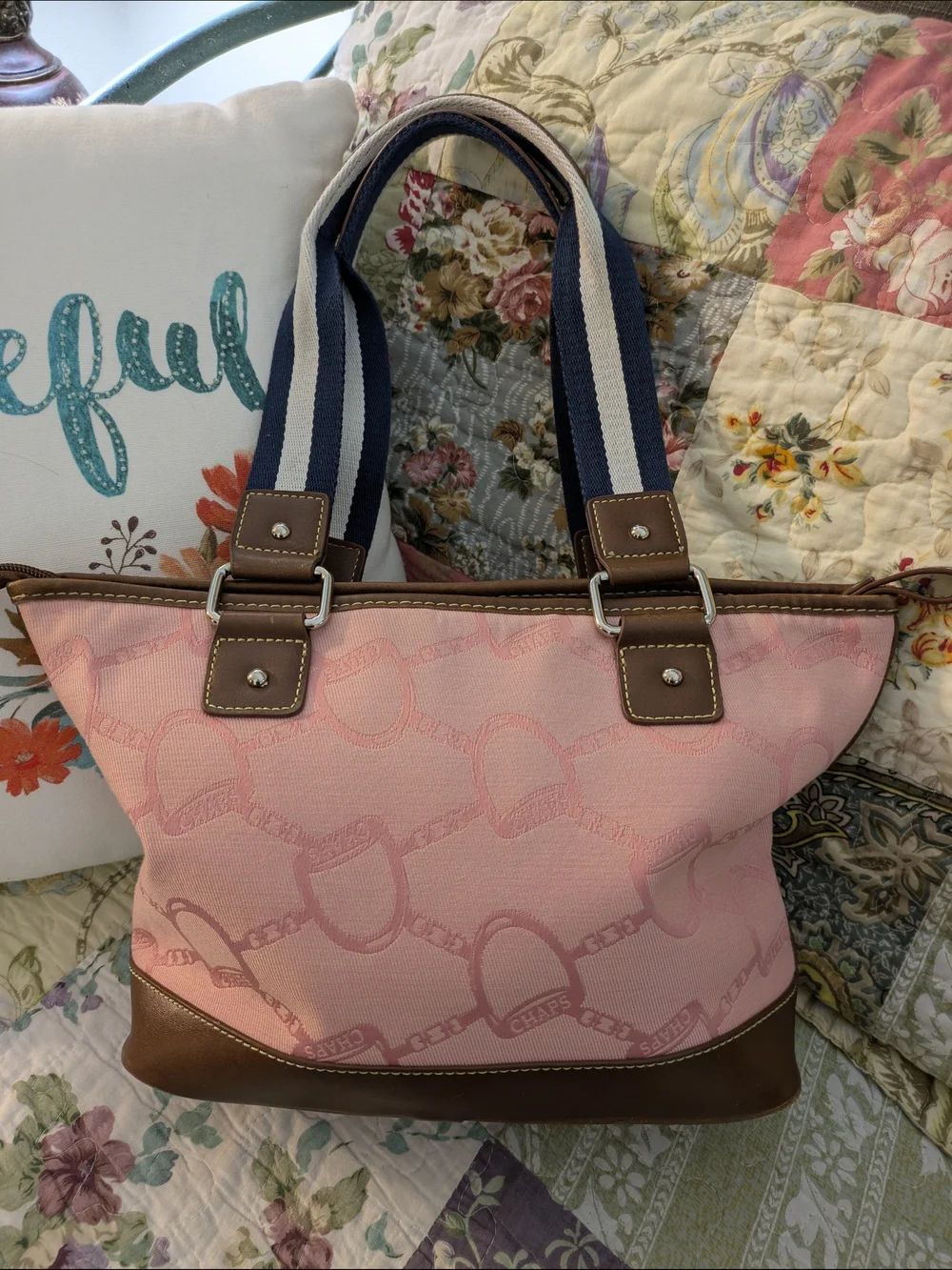 Chaps Pink Fabric Bag with Brown Trim and Charm